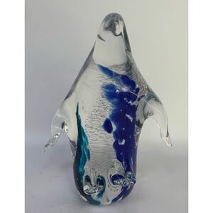 Vintage Hand Blown Glass Penguin Figurine Paperweight Cobalt Blue/ Aqua /Clear